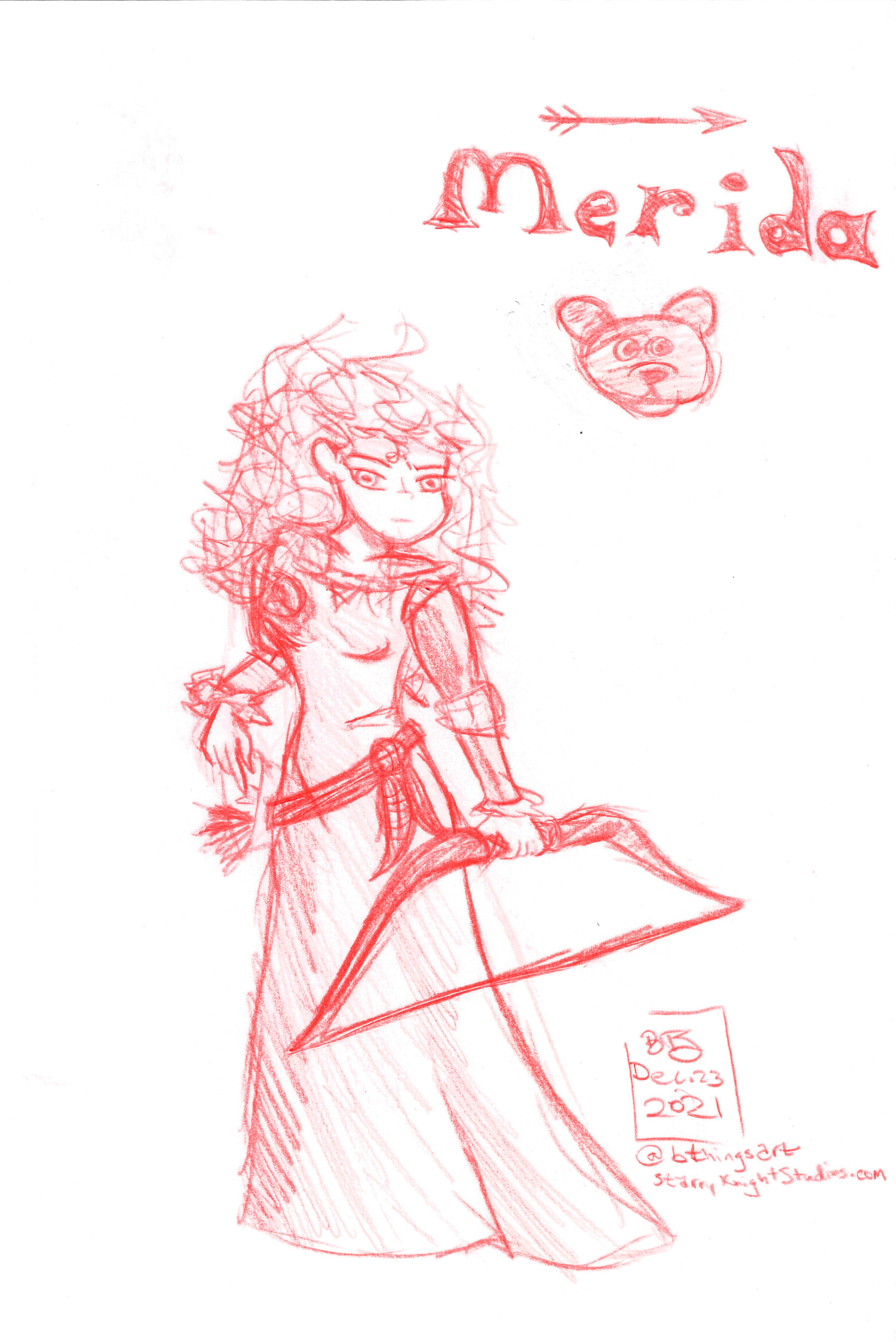 Merida (Inspired by Disney/Pixar's Brave); Red Pencil on Paper, December 2021